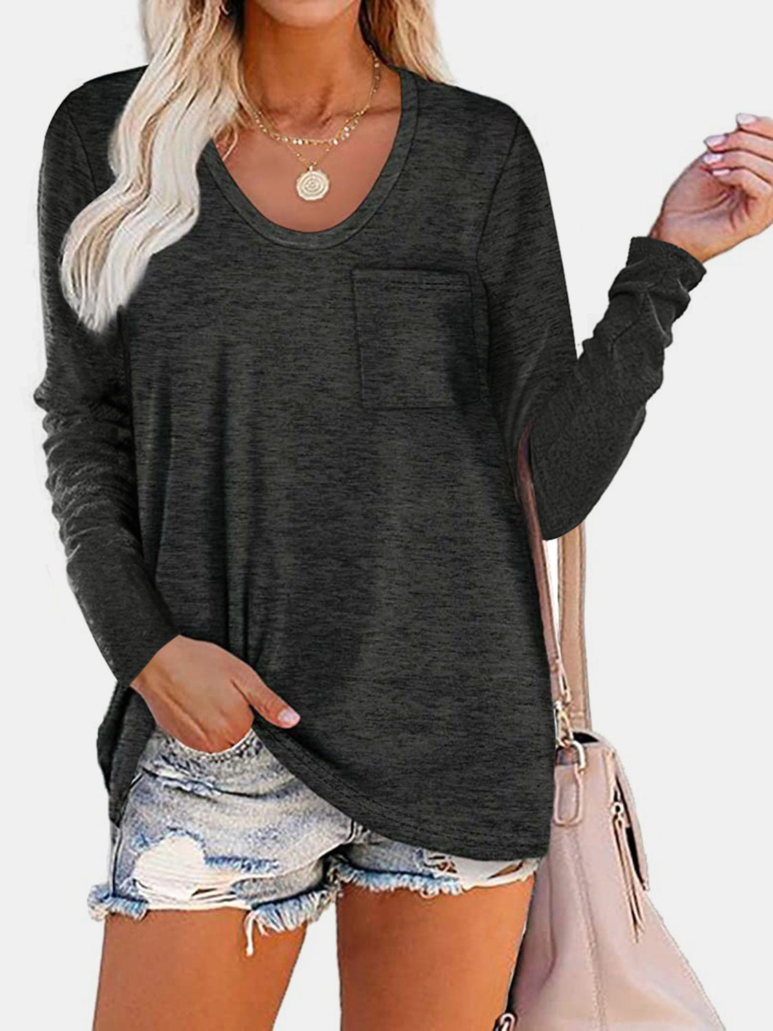 Round Neck Long Sleeve T-Shirt Dark Gray Long Sleeve Tops JT's Designer Fashion