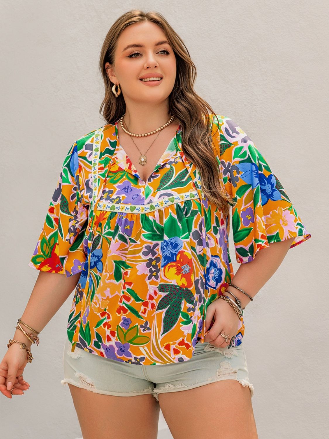 Plus Size Printed Tie Neck Half Sleeve Blouse Blouses & Shirts JT's Designer Fashion