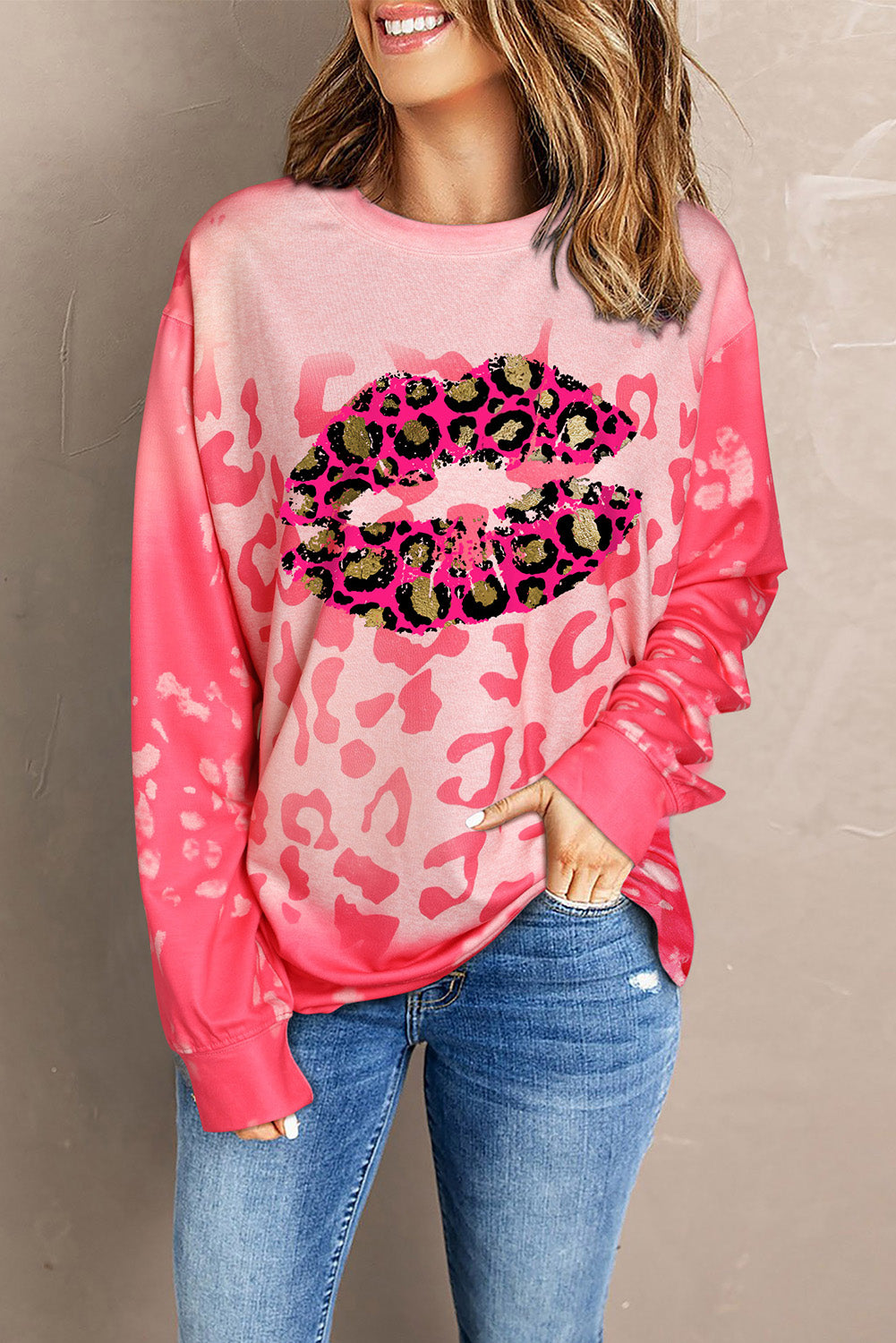 Pink Shining Leopard Lips Print Vintage Bleached Sweatshirt Graphic Sweatshirts JT's Designer Fashion