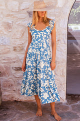 Sky Blue Floral U Neck Flutter Shoulder Tiered Flowy Midi Dress Floral Dresses JT's Designer Fashion