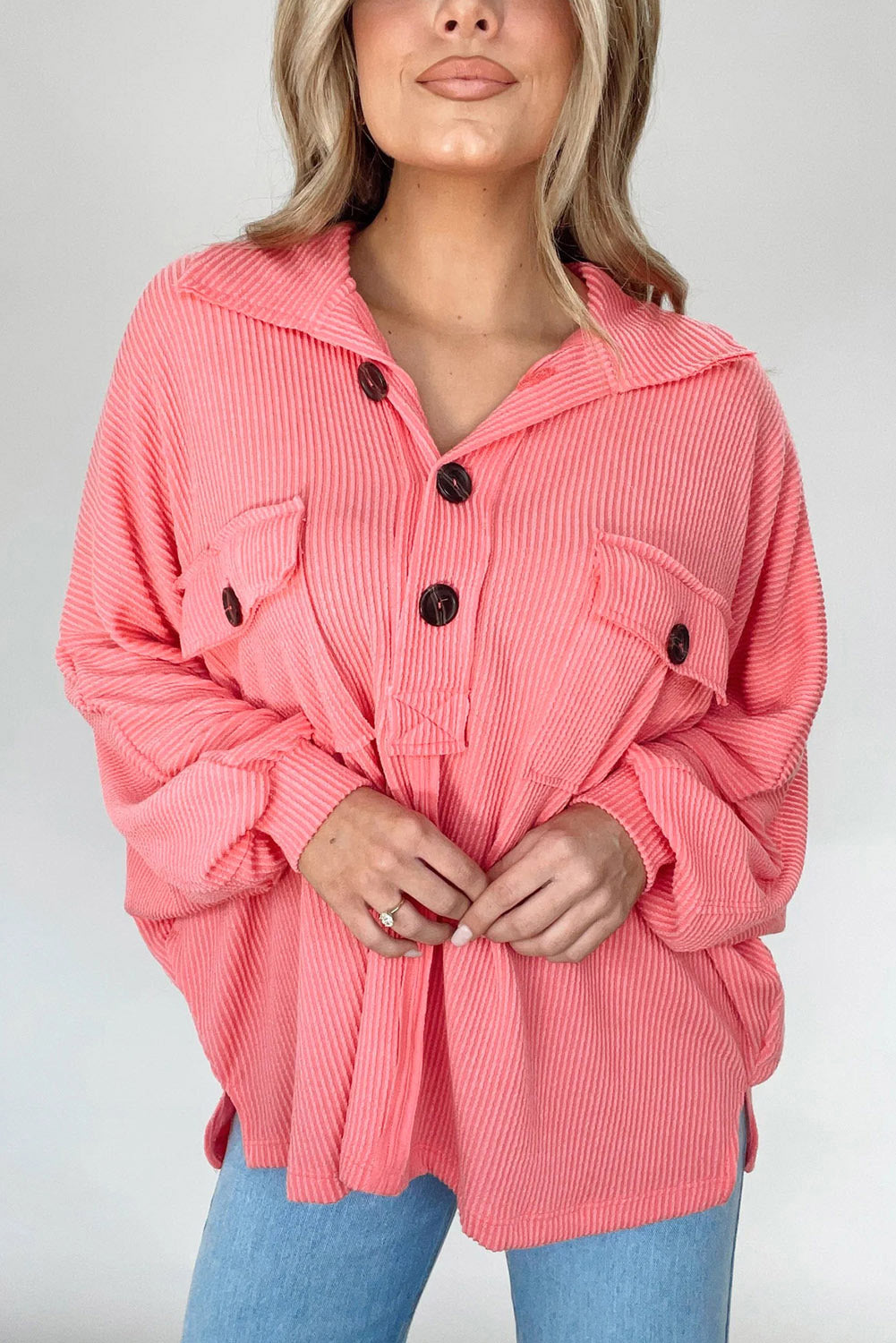 Pink Corded Flap Pocket Henley Top Long Sleeve Tops JT's Designer Fashion