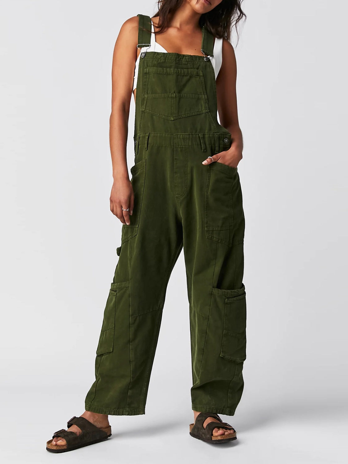 Pocketed Wide Strap Denim Overalls Army Green Jumpsuits & Rompers JT's Designer Fashion