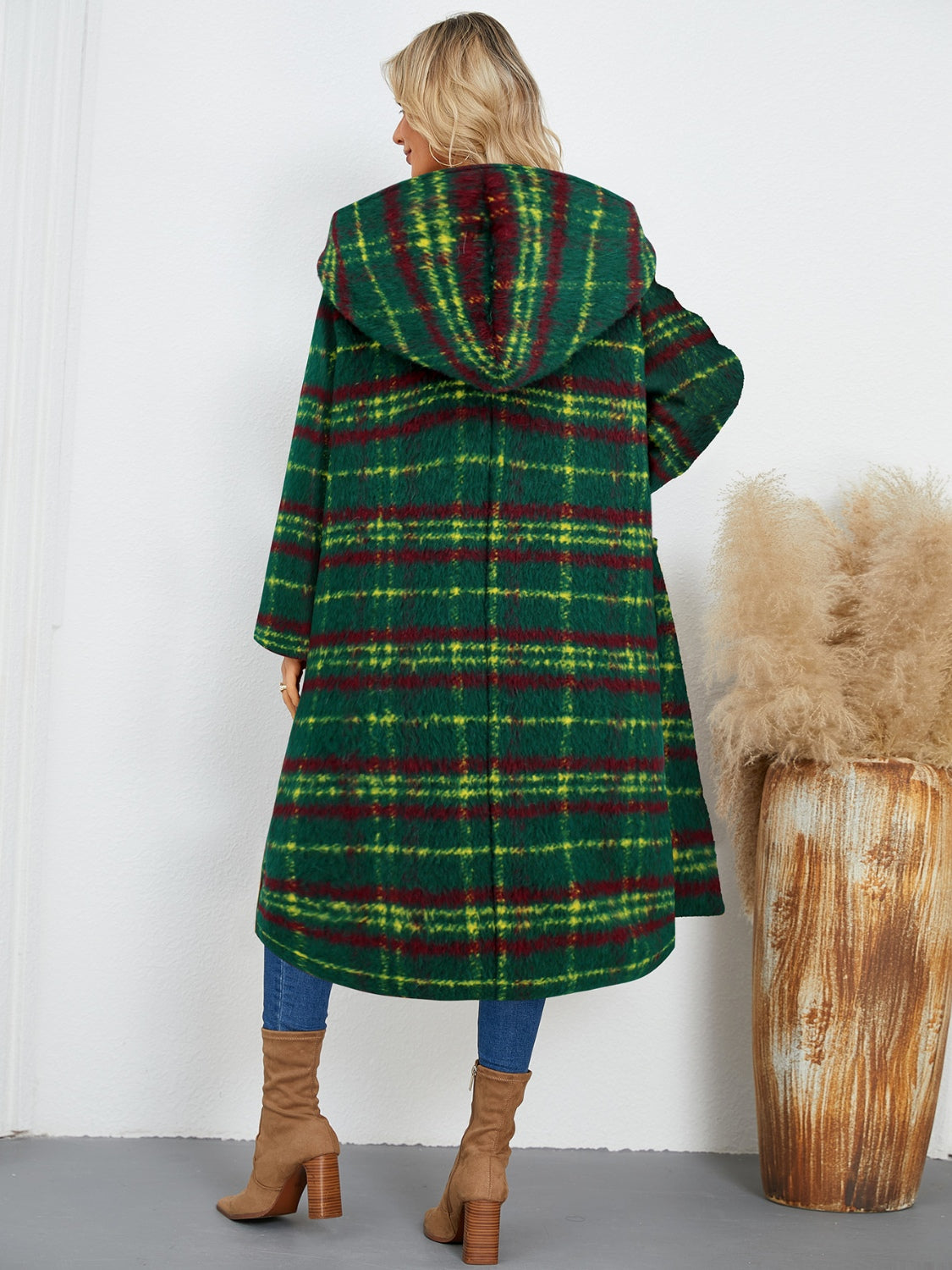 Plaid Long Sleeve Hooded Coat with Pockets Long Sleeve Tops JT's Designer Fashion