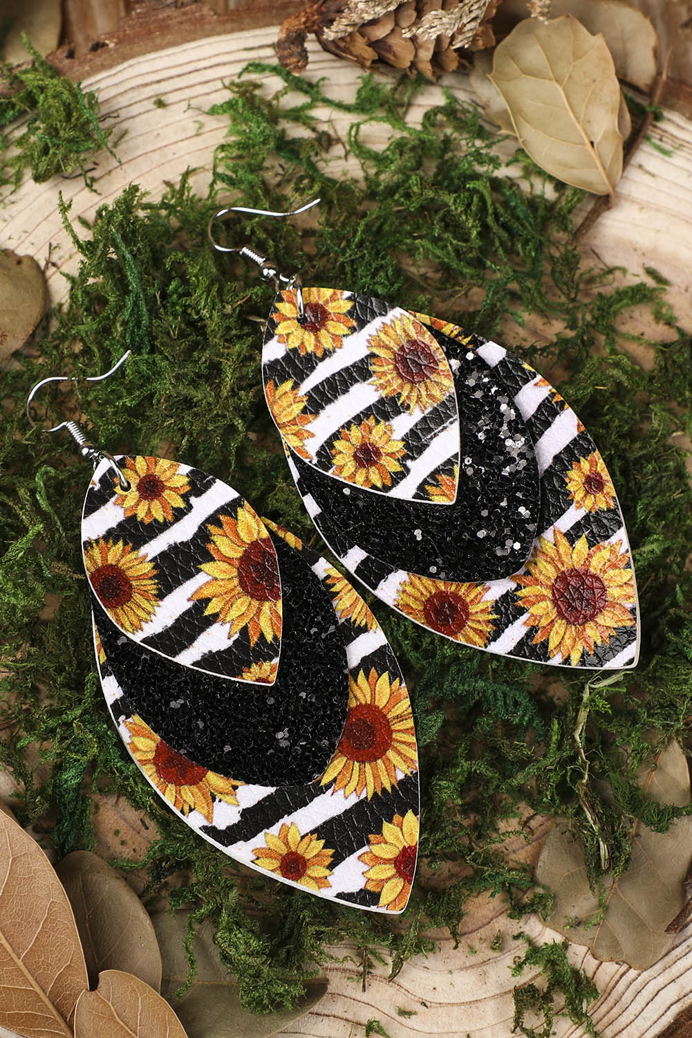 Leopard Sunflower Black Sequined Leaf Multi-Layered Leather Earrings Jewelry JT's Designer Fashion