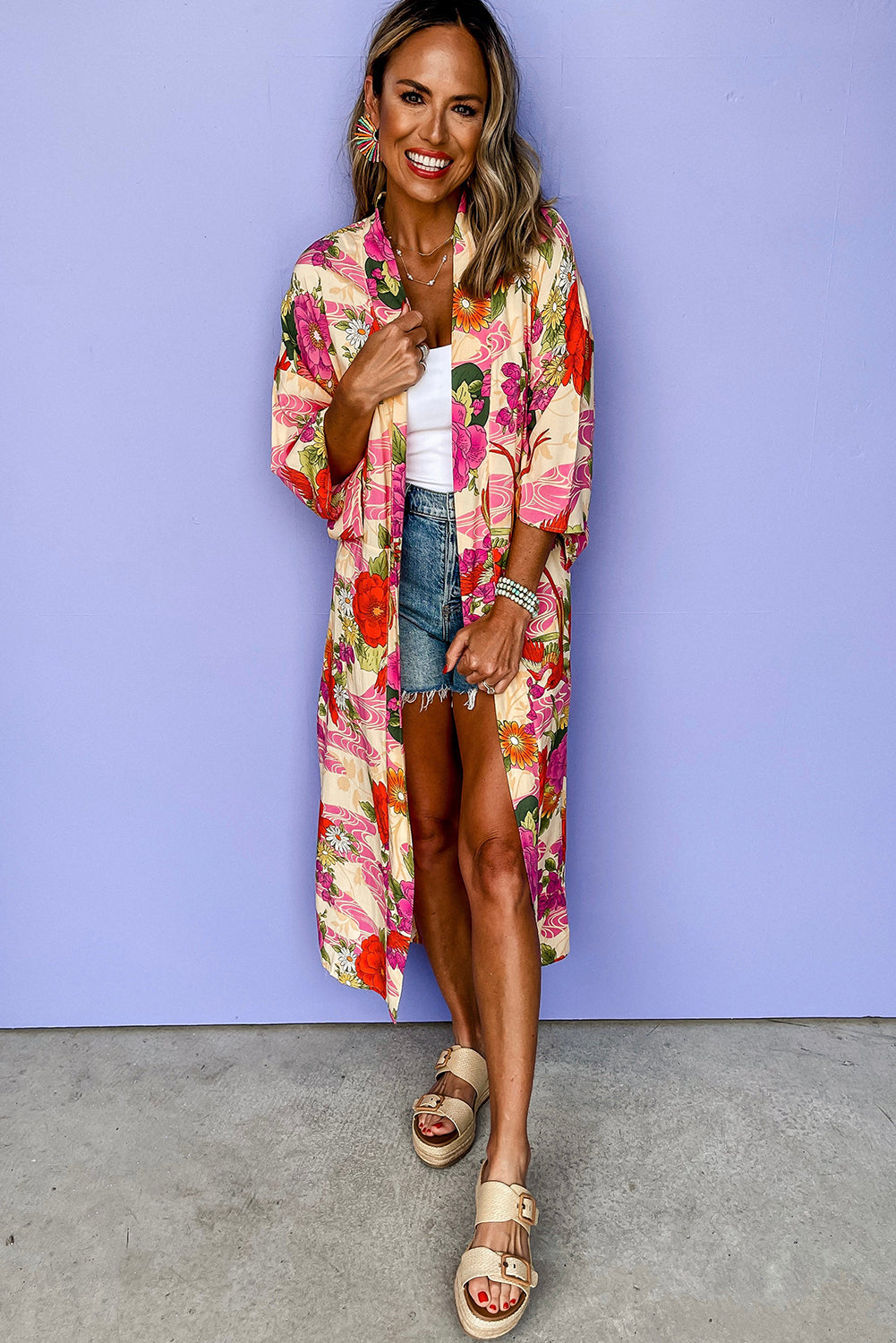 Pink Floral Allover Print Open Front Belted Duster Kimono Kimonos JT's Designer Fashion