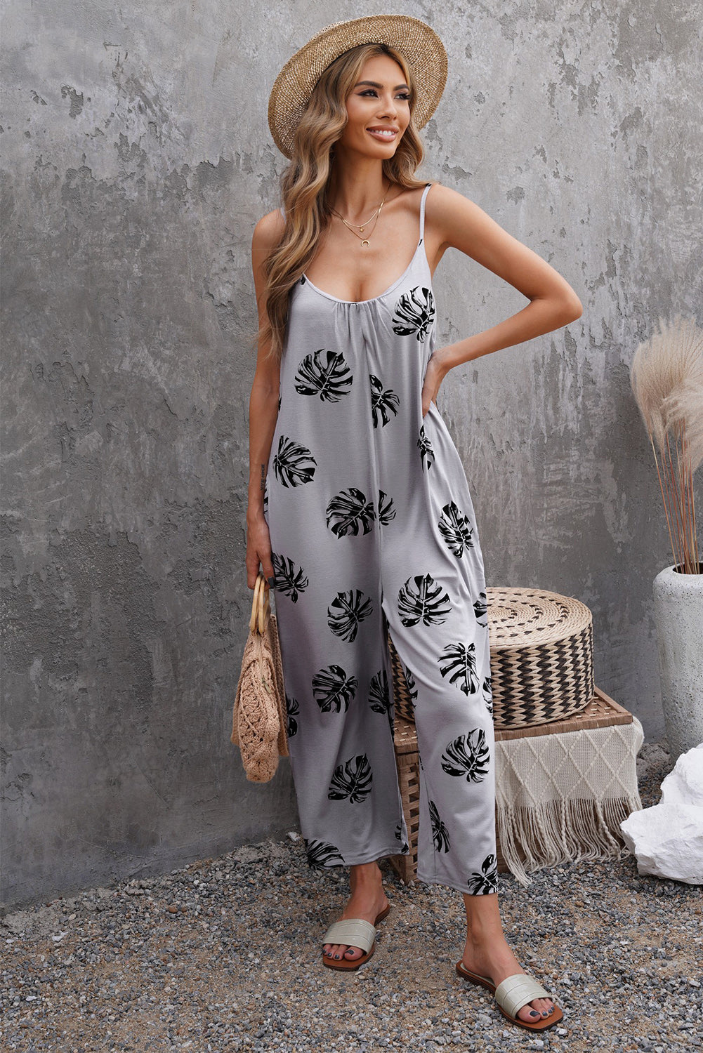 Gray Palm Leaves Print Spaghetti Strap Wide Leg jumpsuit Jumpsuits & Rompers JT's Designer Fashion