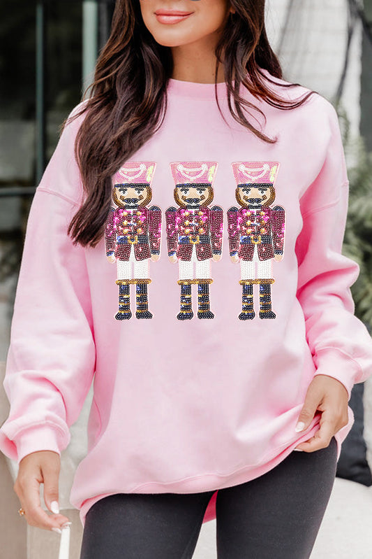 Pink Christmas Nutcracker Graphic Pullover Sweatshirt Pink 50%Polyester+50%Cotton Graphic Sweatshirts JT's Designer Fashion