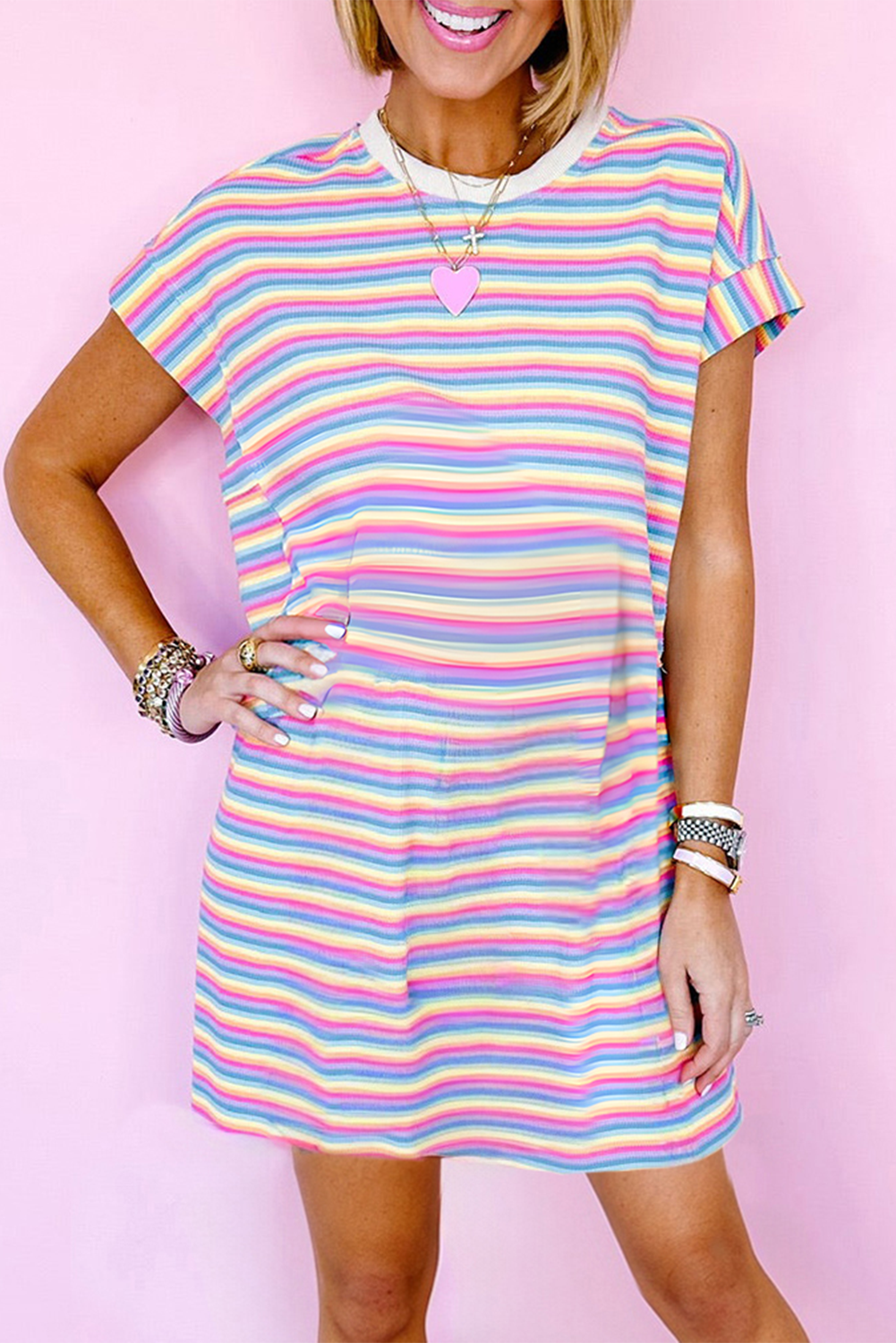 Pink Stripe Crew Neck T Shirt Dress Dresses JT's Designer Fashion