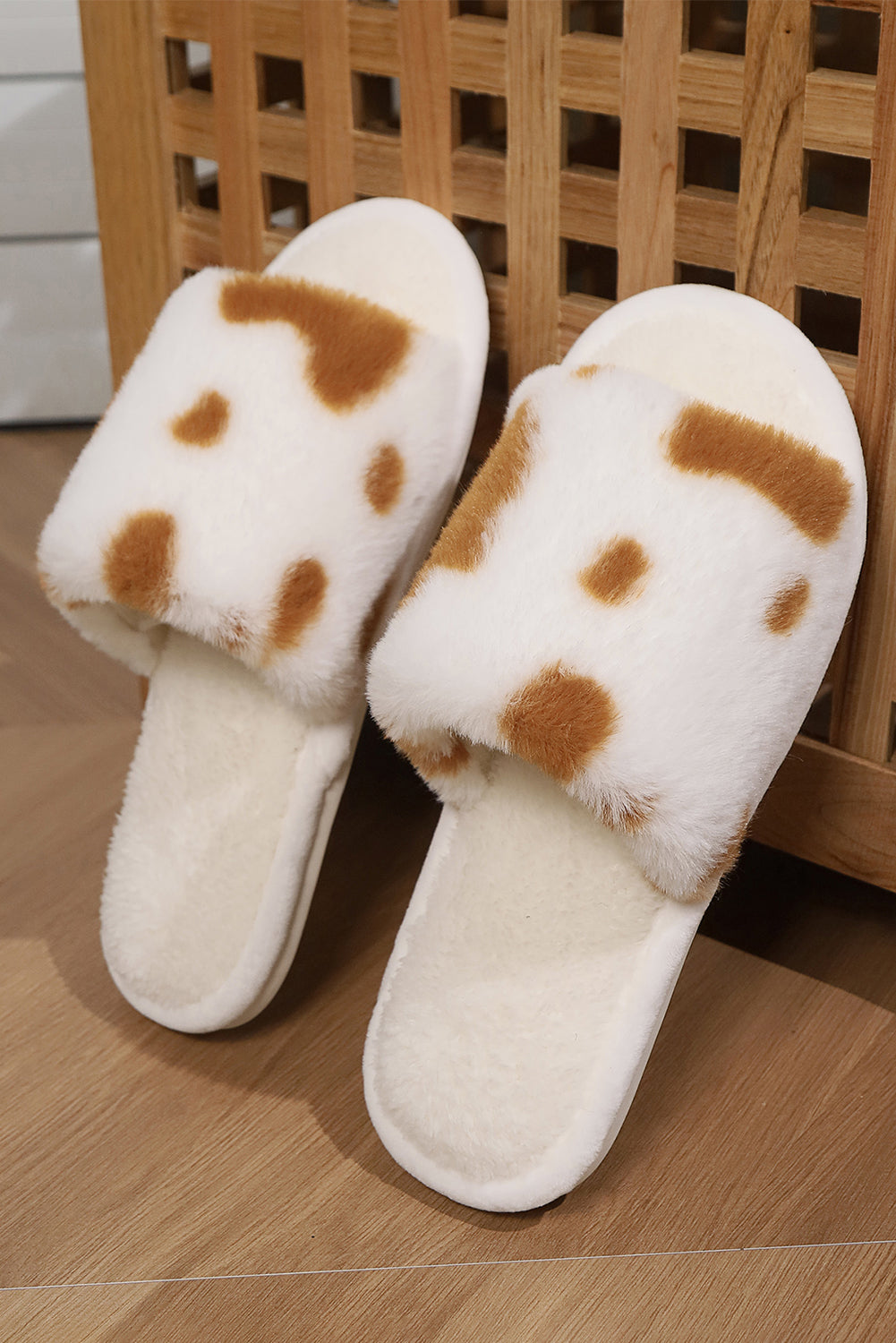 Coffee Fuzzy Cow Spots Open Toe Winter Home Slippers Slippers JT's Designer Fashion