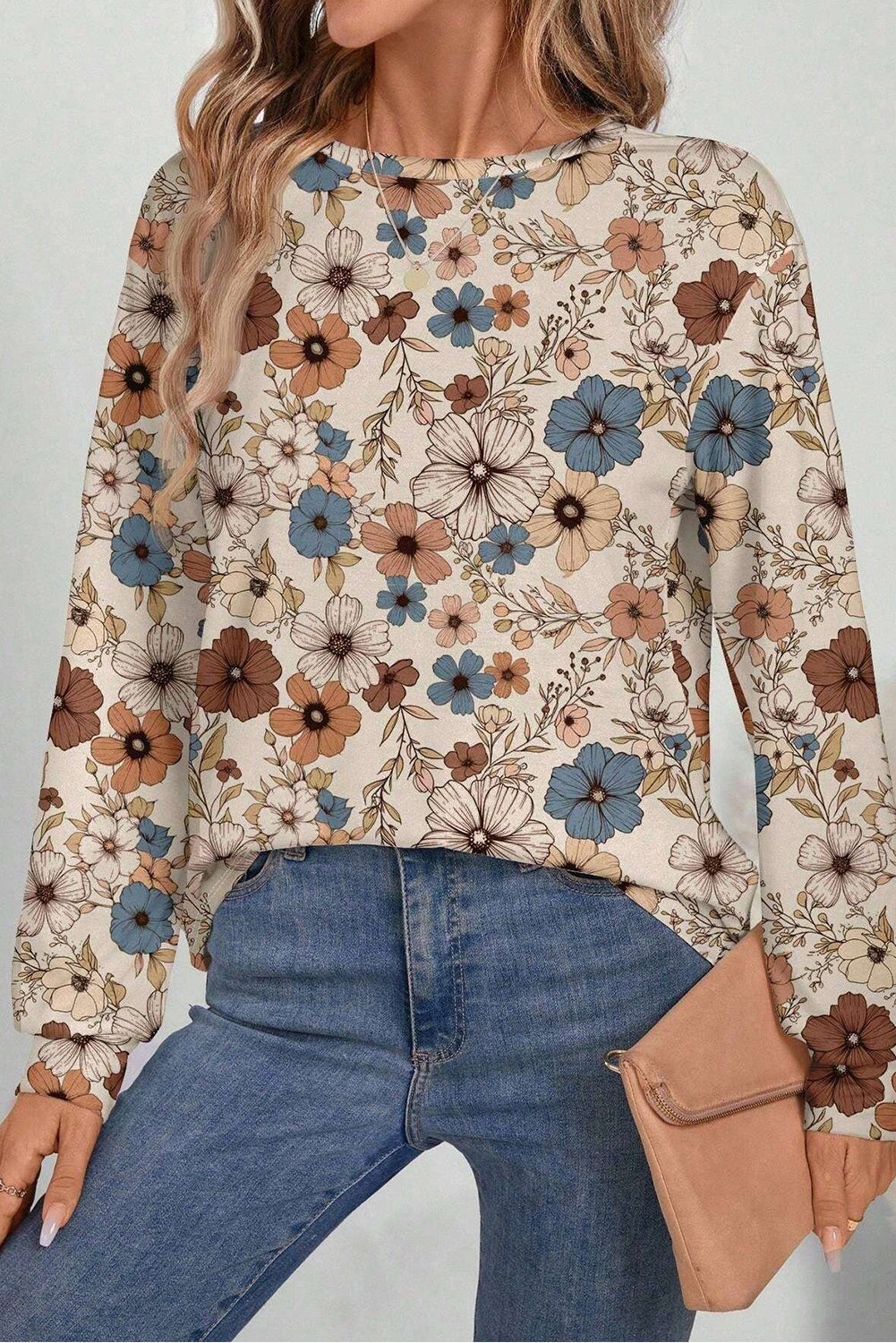 Khaki Floral Print Loose Crew Neck Long Sleeve T Shirt Long Sleeve Tops JT's Designer Fashion