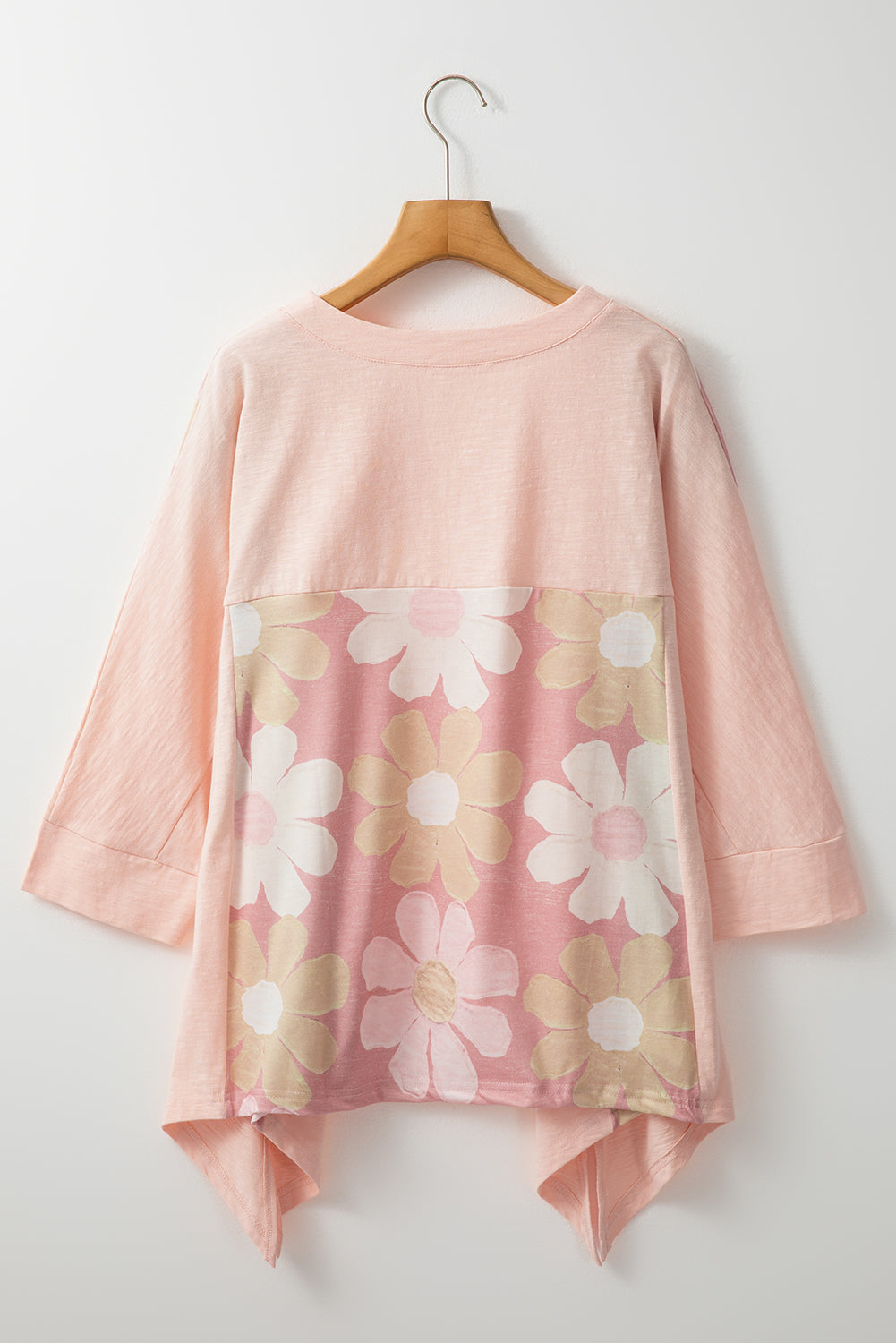 Pink Flower Patchwork Exposed Seam Oversized High Low Top Long Sleeve Tops JT's Designer Fashion