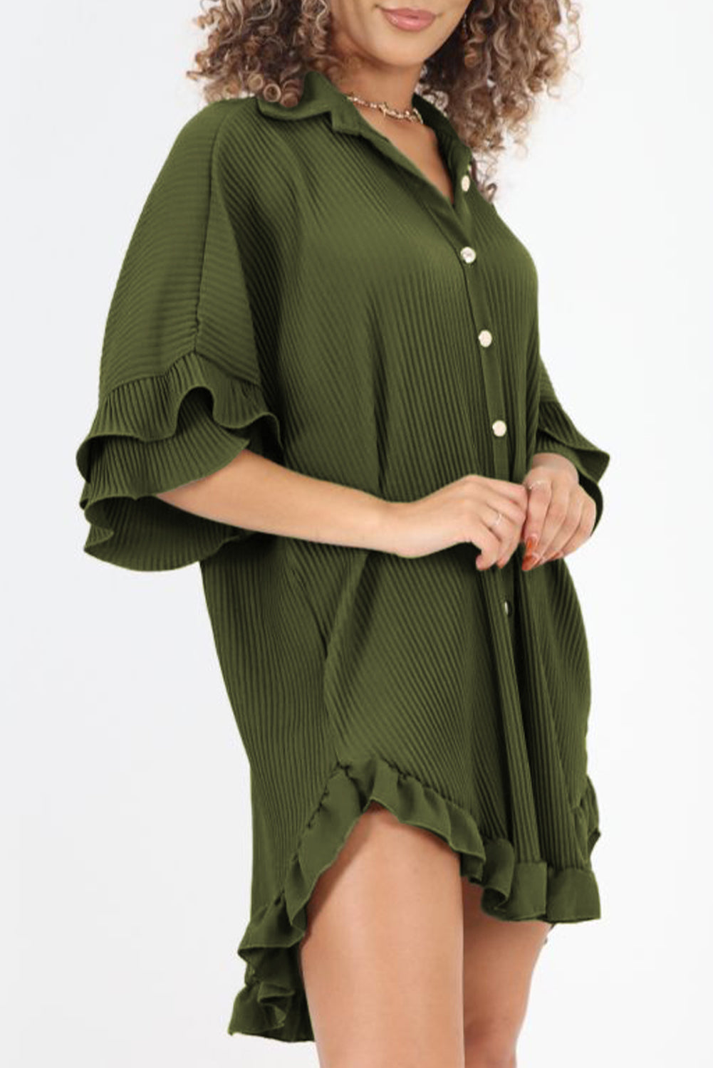 Moss Green High-low Hem Ruffle Sleeve Pleated Shirt Dress Mini Dresses JT's Designer Fashion