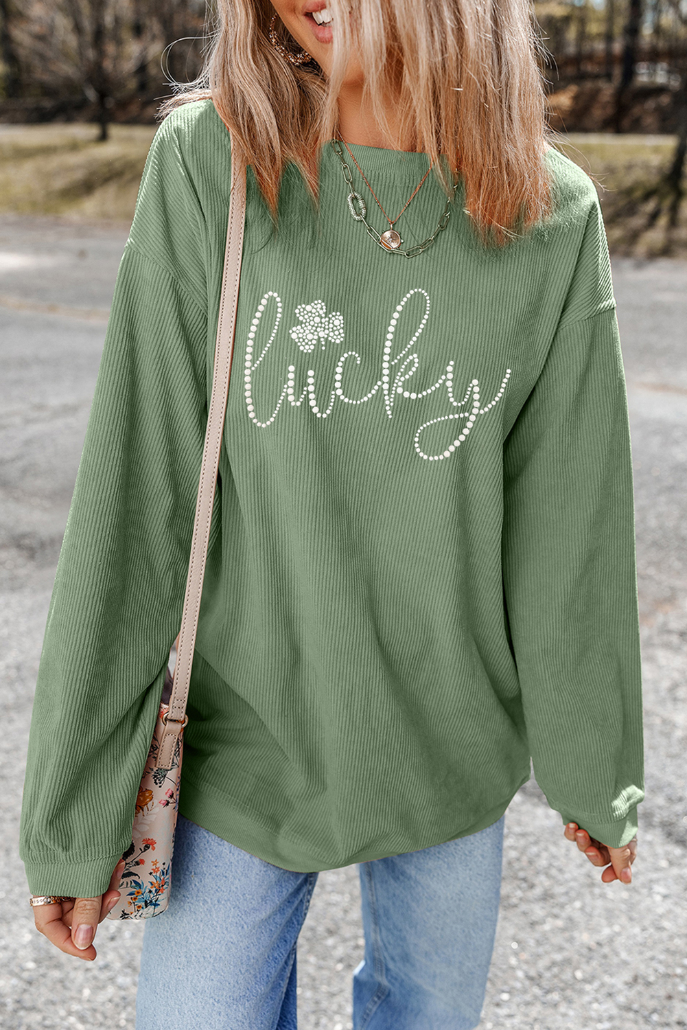 Grass Green Rhinestone lucky Clover Graphic Ribbed St Patrick Sweatshirt Graphic Sweatshirts JT's Designer Fashion