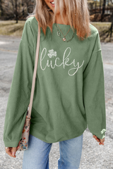 Grass Green Rhinestone lucky Clover Graphic Ribbed St Patrick Sweatshirt Graphic Sweatshirts JT's Designer Fashion
