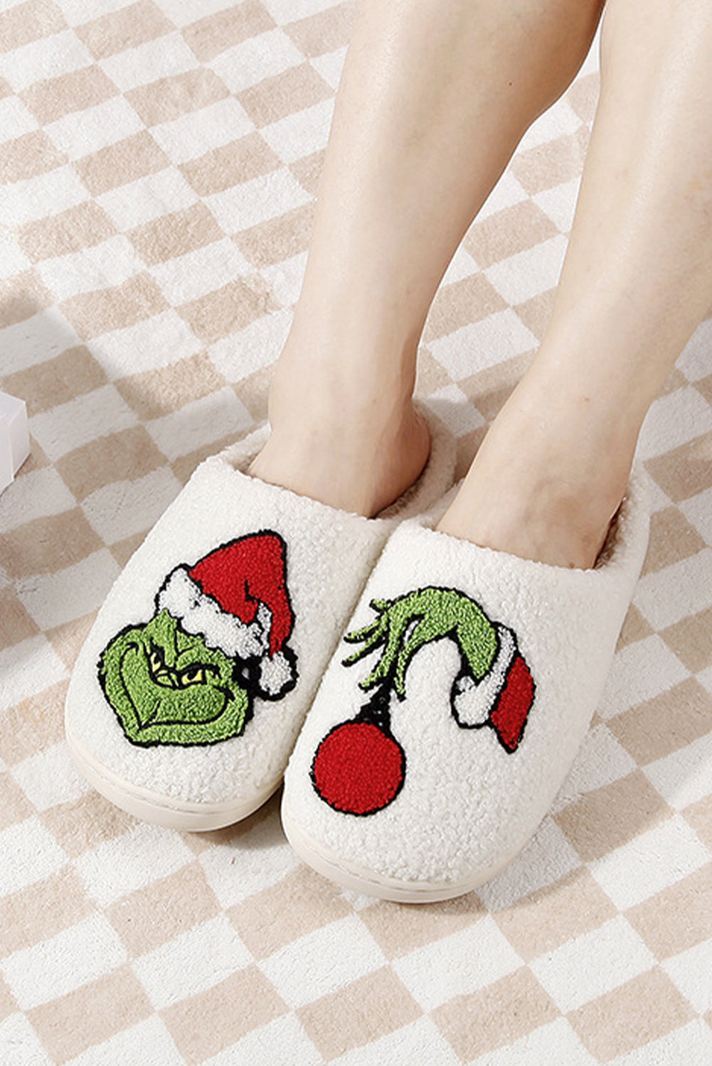 White Christmas Grinch Graphic Fuzzy Winter Home Slippers Slippers JT's Designer Fashion