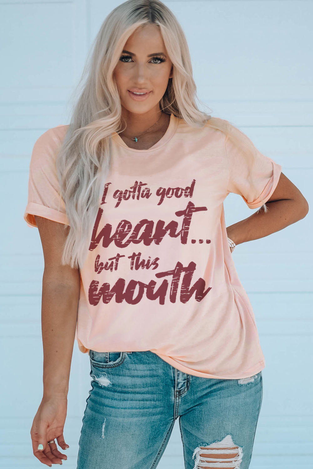 Pink I Gotta Good Heart But This Mouth Slogan Graphic Tee Graphic Tees JT's Designer Fashion