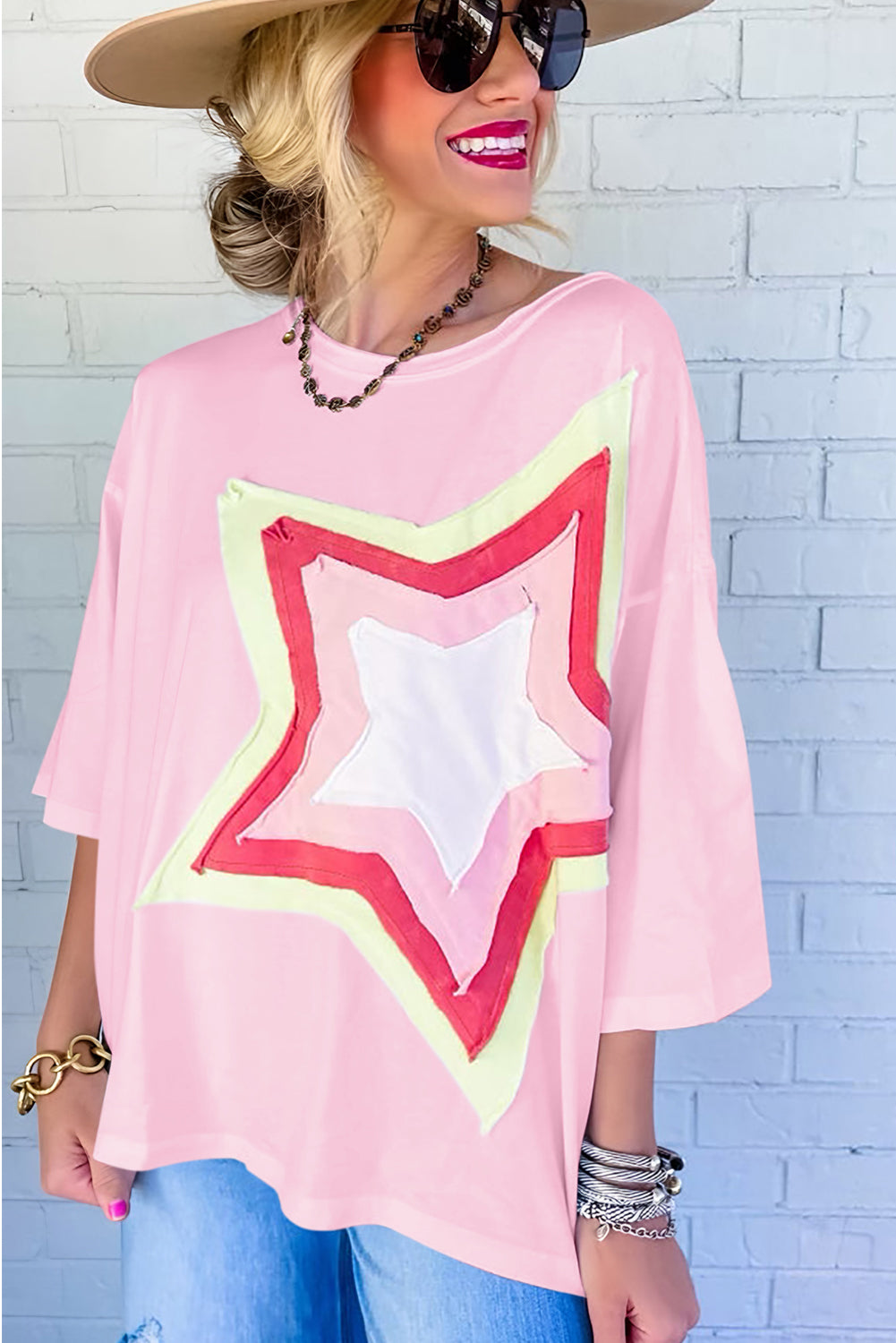 Light Pink Colorblock Star Patched Half Sleeve Oversized Tee Tops & Tees JT's Designer Fashion