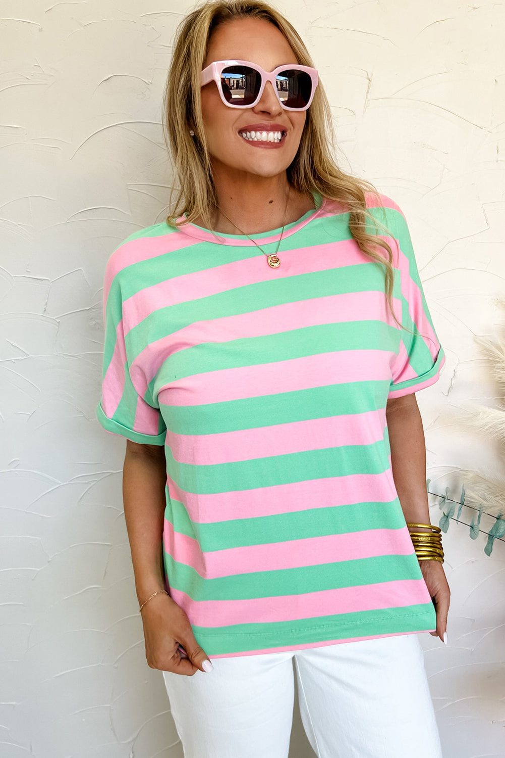 Pink Stripe Colorblock Cuffed Sleeve Loose Tee Pre Order Tops JT's Designer Fashion