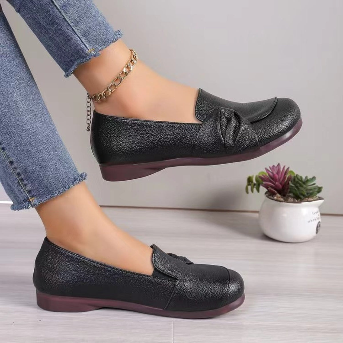 Leather Knot Trim Loafers Black Shoes JT's Designer Fashion