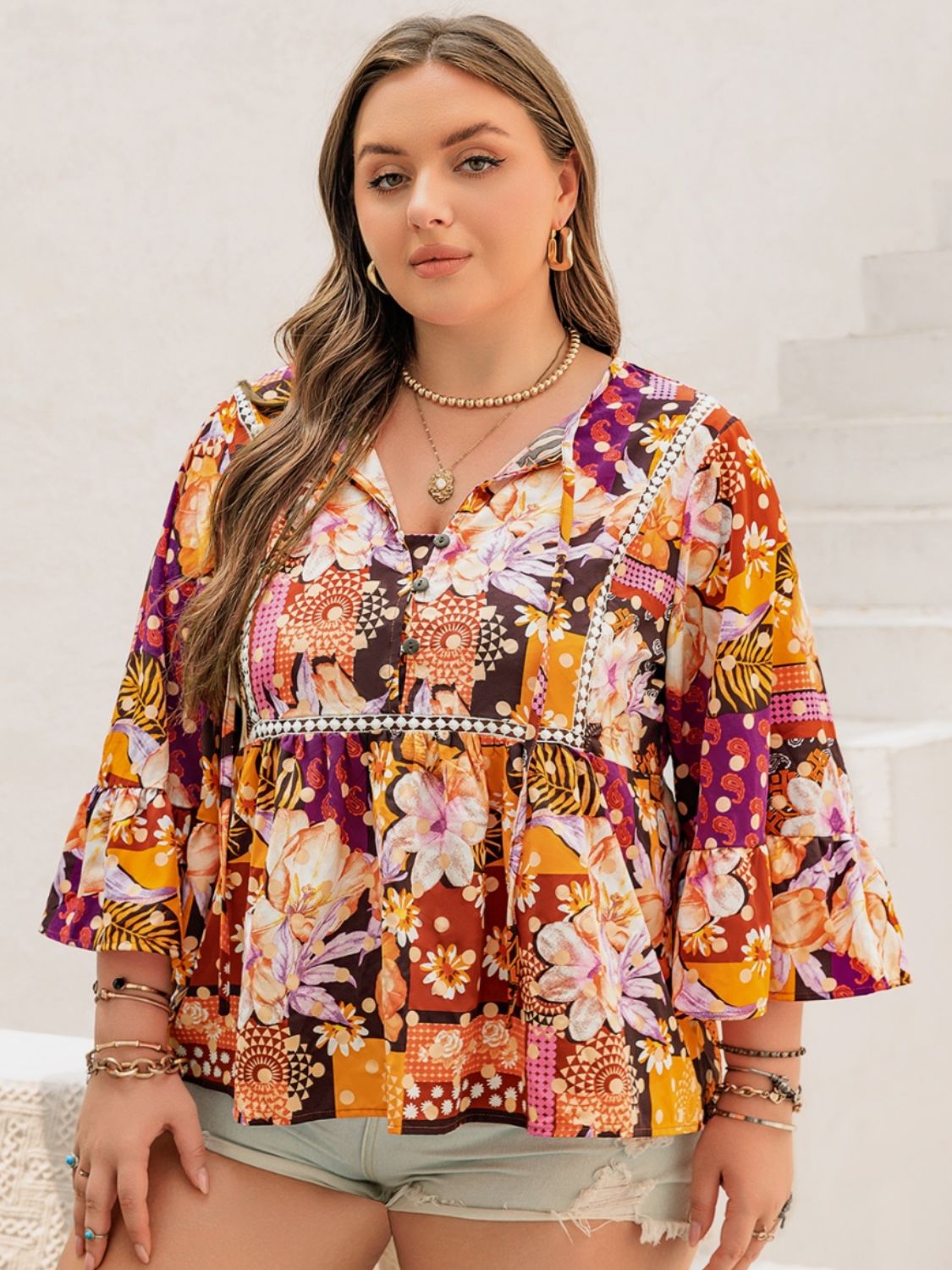 Plus Size Printed Tie Neck Blouse JT's Designer Fashion