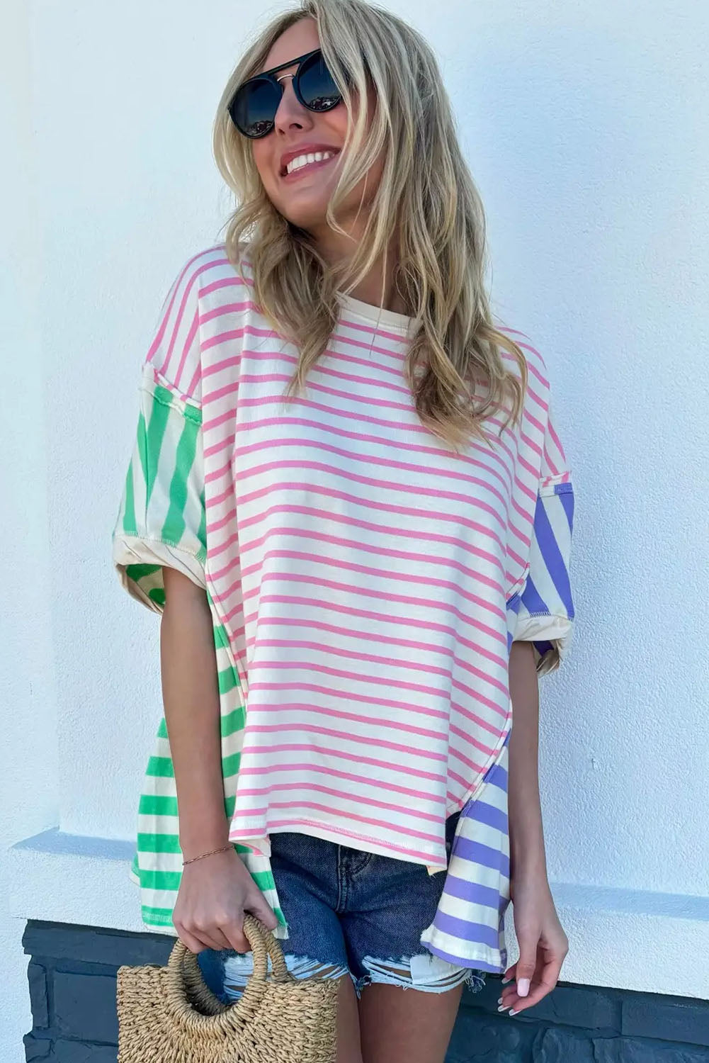 Multicolour Colorblock Stripe Patchwork Baggy T Shirt Tops & Tees JT's Designer Fashion