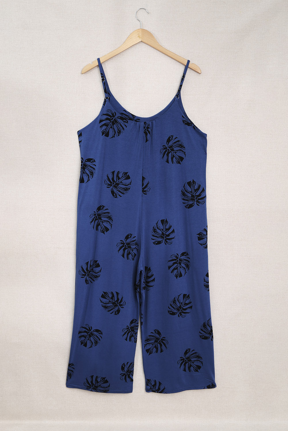 Blue Palm Leaves Print Spaghetti Strap Wide Leg jumpsuit Jumpsuits & Rompers JT's Designer Fashion