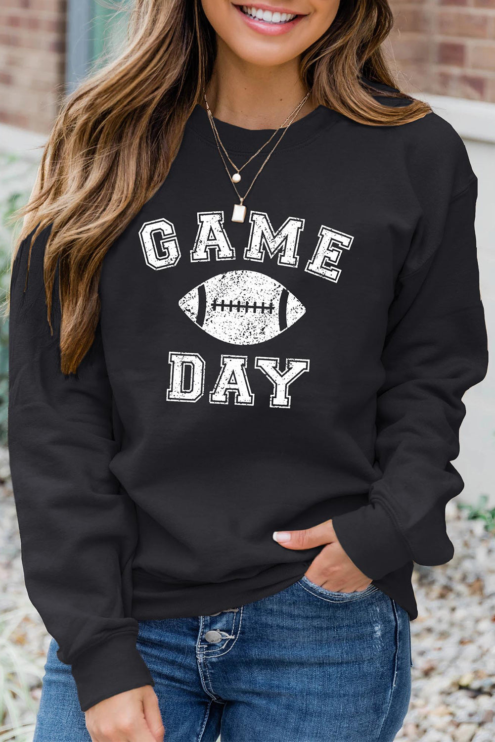 Black GAME DAY Rugby Print Long Sleeve Pullover Sweatshirt Graphic Sweatshirts JT's Designer Fashion