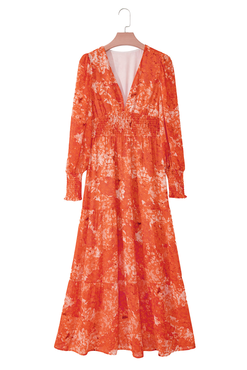 Orange Boho Floral Bishop Sleeve V Neck Tiered Maxi Dress Maxi Dresses JT's Designer Fashion