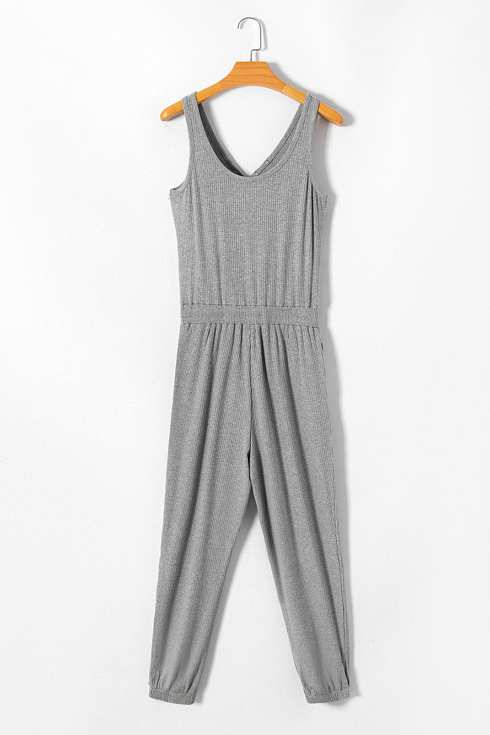 Light Grey Ribbed Button V Neck Sleeveless Jumpsuit Pre Order Bottoms JT's Designer Fashion