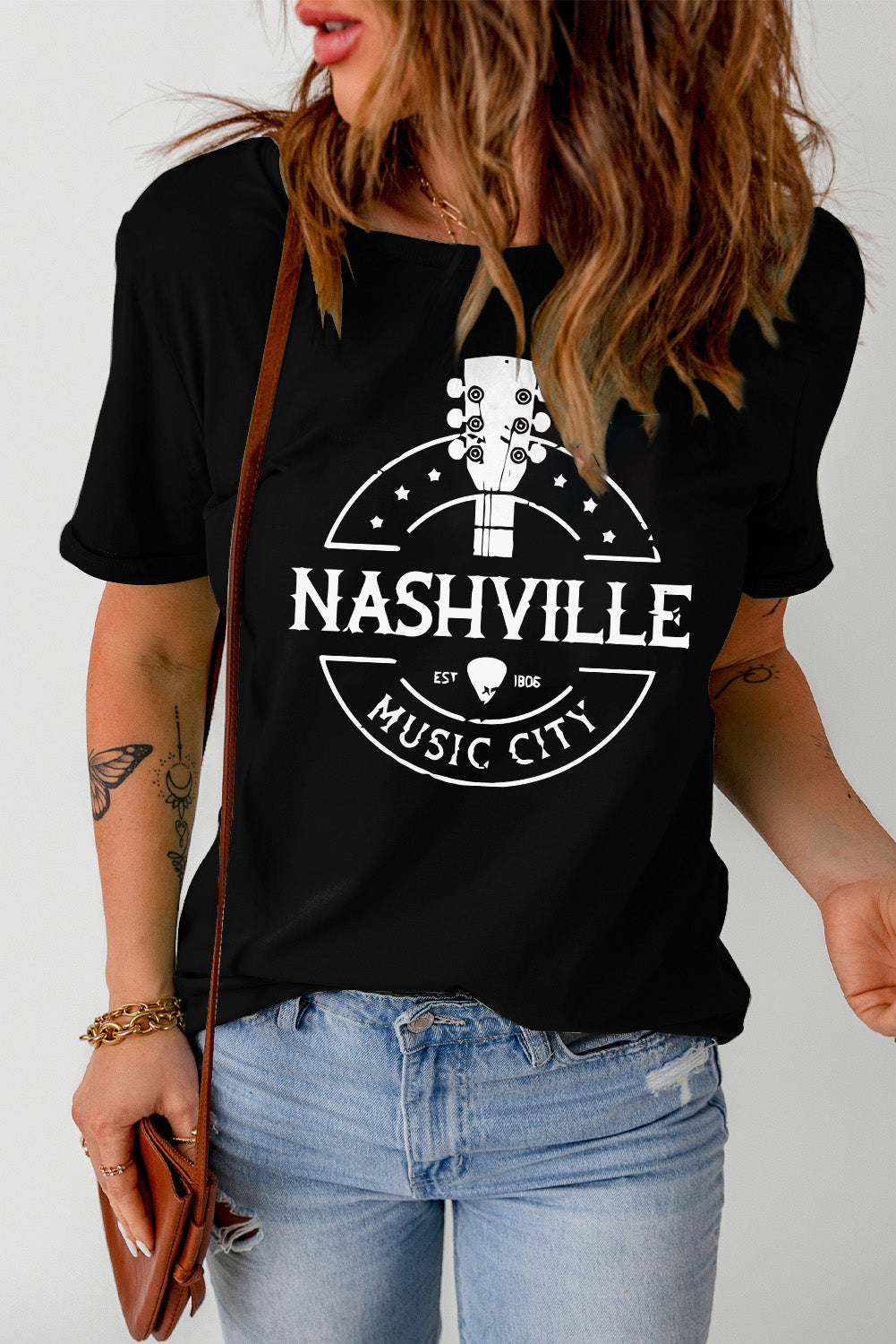 Black NASHVILLE MUSIC CITY Graphic Print Crew Neck T Shirt Graphic Tees JT's Designer Fashion