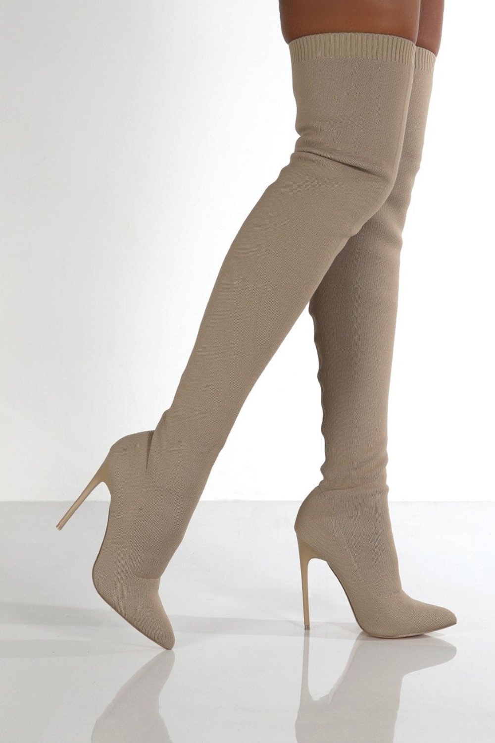 Point Toe Over Knee Stiletto Boots Beige Boots JT's Designer Fashion