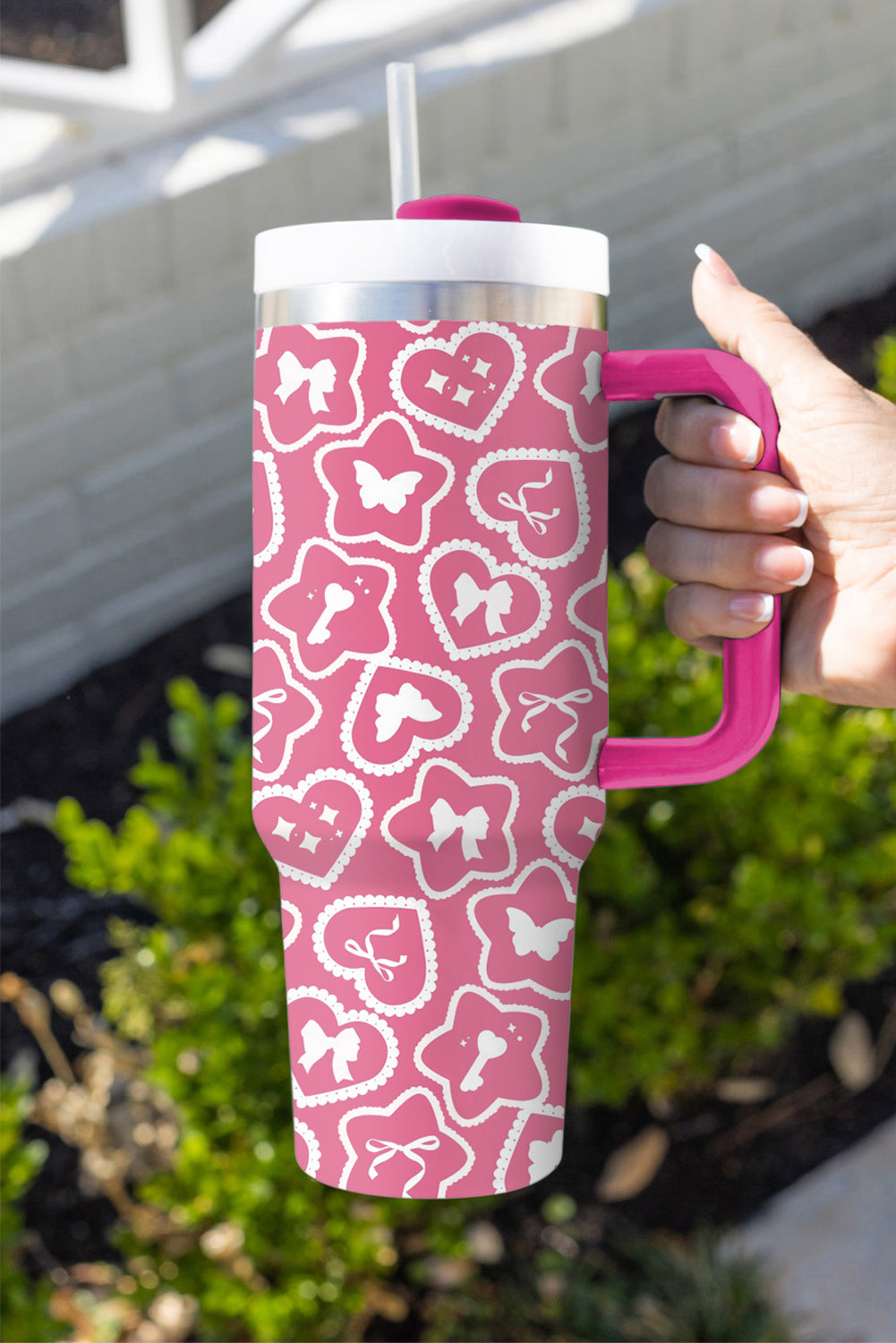 Rose Red Star Heart Shape Printed Thermos Cup with Handle 40oz Tumblers JT's Designer Fashion