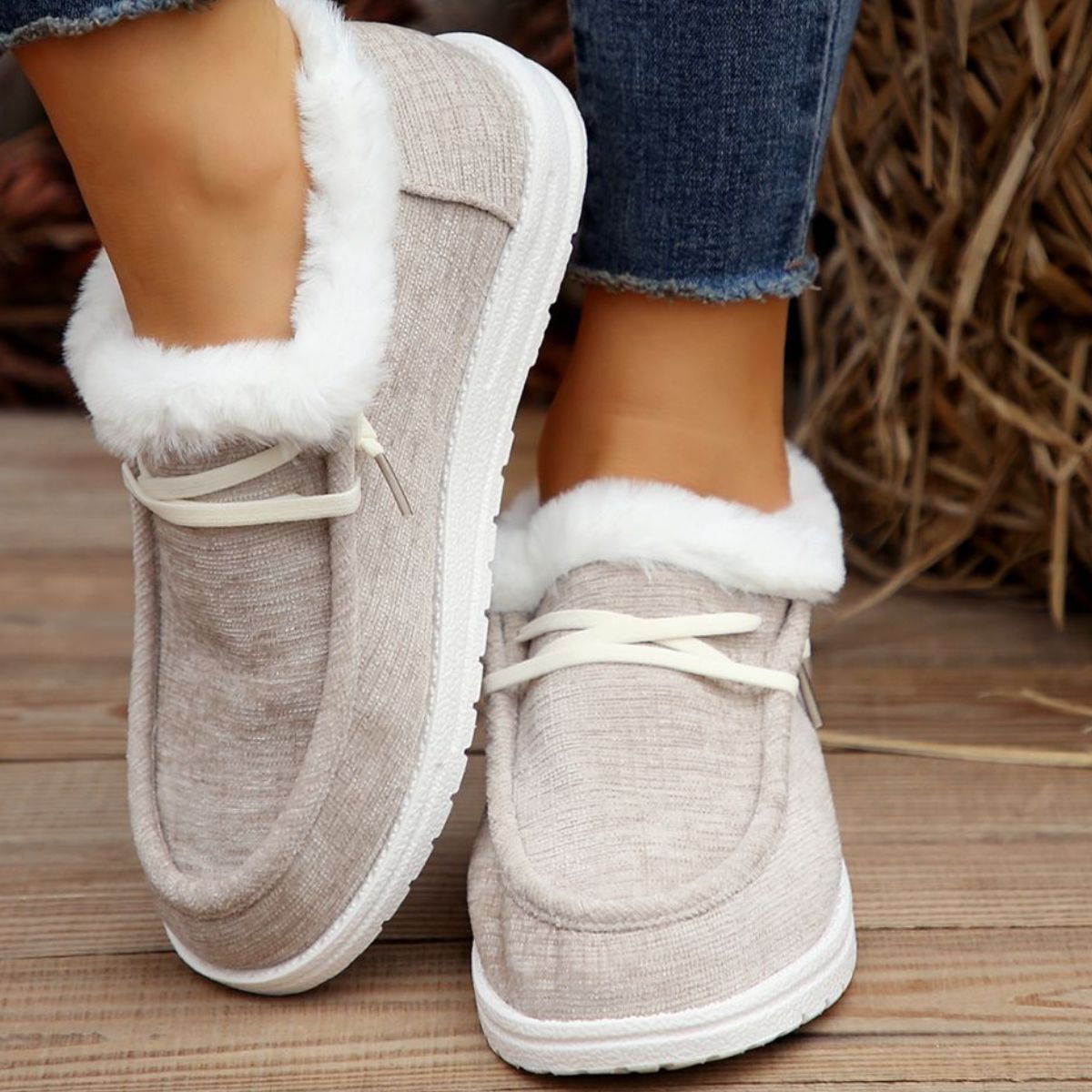 Lace Up Round Toe Furry Sneakers Light Gray Shoes JT's Designer Fashion