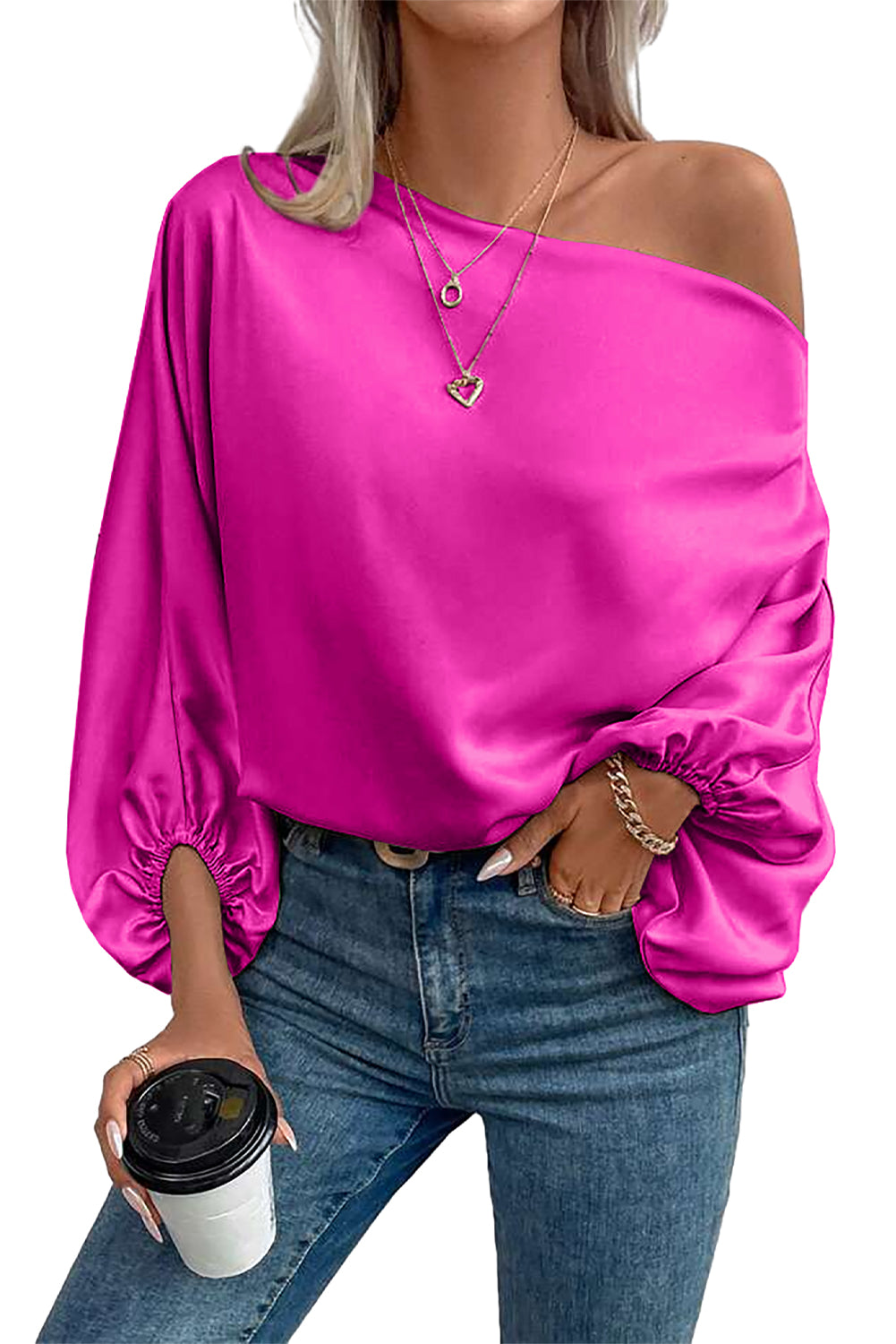 Bright Pink One Shoulder Asymmetrical Neck Balloon Sleeve Blouse Pre Order Tops JT's Designer Fashion