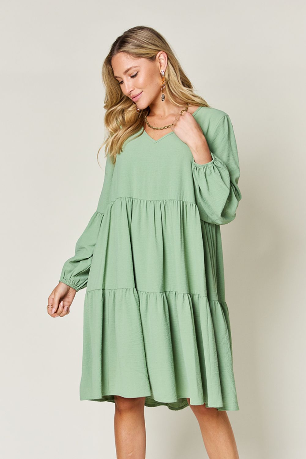 Double Take Full Size V-Neck Balloon Sleeve Tiered Dress with Pockets Light Green Mini Dresses JT's Designer Fashion