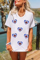 White Sequin Patriotic Heart Graphic Crewneck T Shirt Graphic Tees JT's Designer Fashion