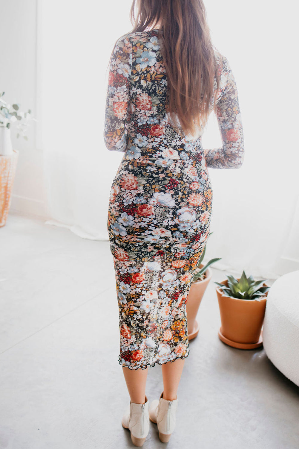 Brown Floral Allover Print Mock Neck Bodycon Long Sleeve Midi Dress Floral Dresses JT's Designer Fashion