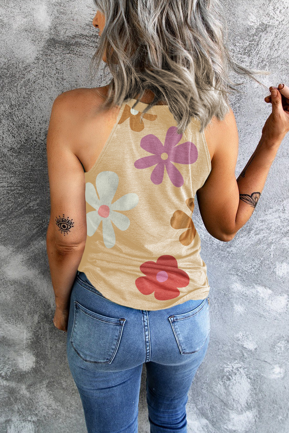 Khaki Flower Print Loose Fit O Neck Tank Top Tops & Tees JT's Designer Fashion