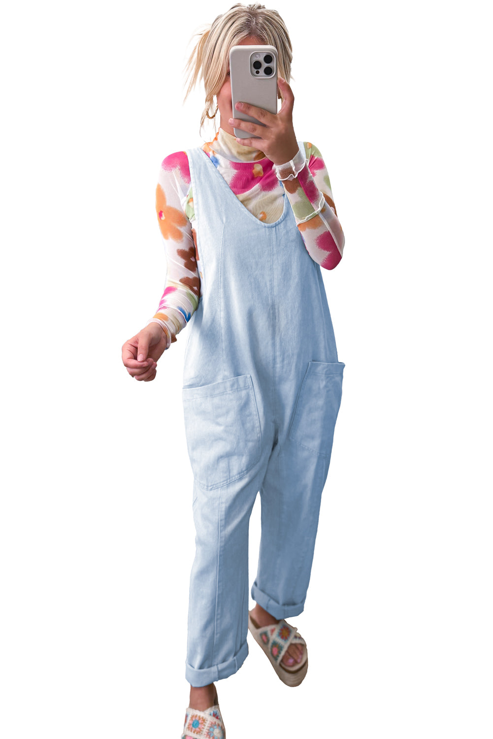 Beau Blue Adjustable Strap V Neck Pocketed Denim Overalls Jumpsuits & Rompers JT's Designer Fashion