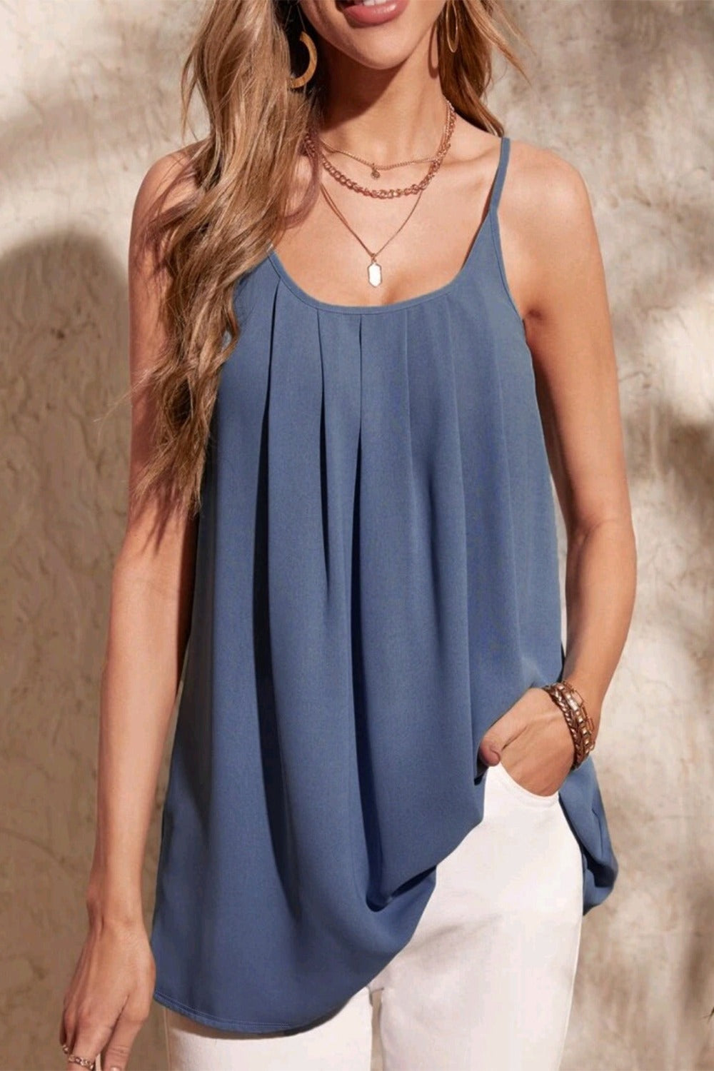 Ruched Scoop Neck Cami Dusty Blue Tops JT's Designer Fashion