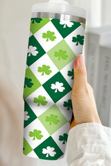 Green Clover Checkered Print Straw Large Tumbler 40oz Tumblers JT's Designer Fashion