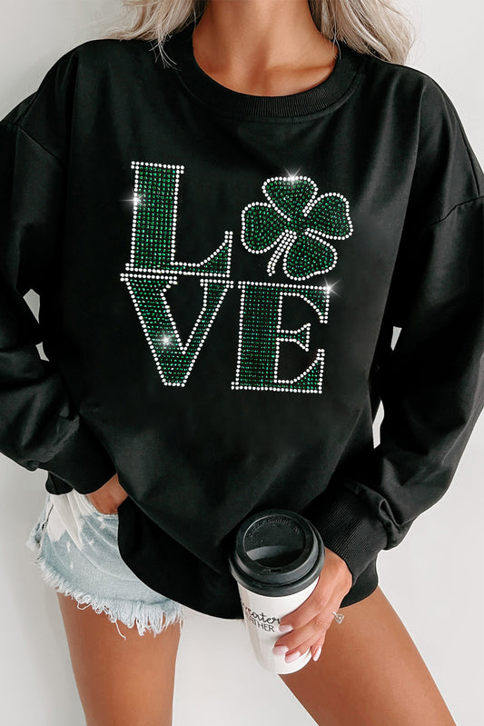 Black Rhinestone LOVE Clover Graphic St Patricks Pullover Sweatshirt Graphic Sweatshirts JT's Designer Fashion