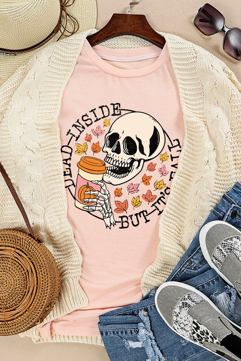 Pink Skull Pumpkin coffee Fall maple leaf T-Shirts Pink 95%Polyester+5%Elastane Graphic Tees JT's Designer Fashion