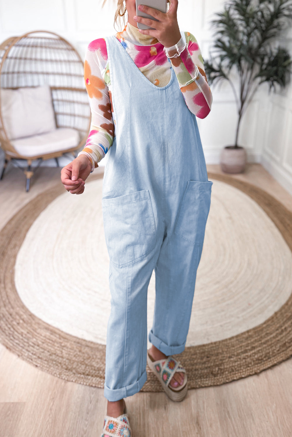 Beau Blue Adjustable Strap V Neck Pocketed Denim Overalls Beau Blue 71%Cotton+27.5%Polyester+1.5%Elastane Jumpsuits & Rompers JT's Designer Fashion