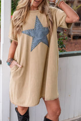 Pale Khaki Mineral Wash Stud Beaded Star Graphic Pocketed T Shirt Dress T Shirt Dresses JT's Designer Fashion