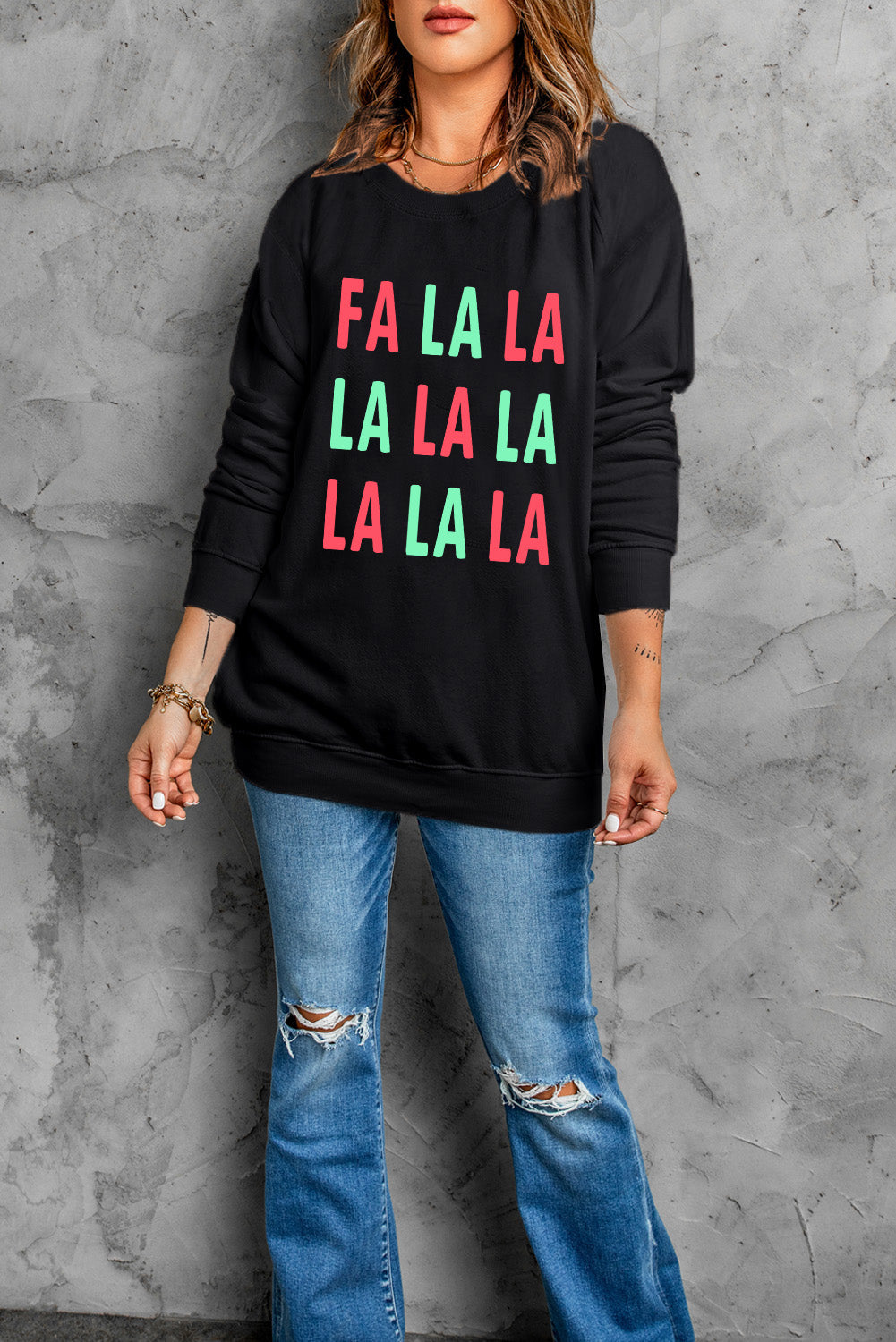 Black FA LA LA Christmas Letter Graphic Sweatshirt Graphic Sweatshirts JT's Designer Fashion