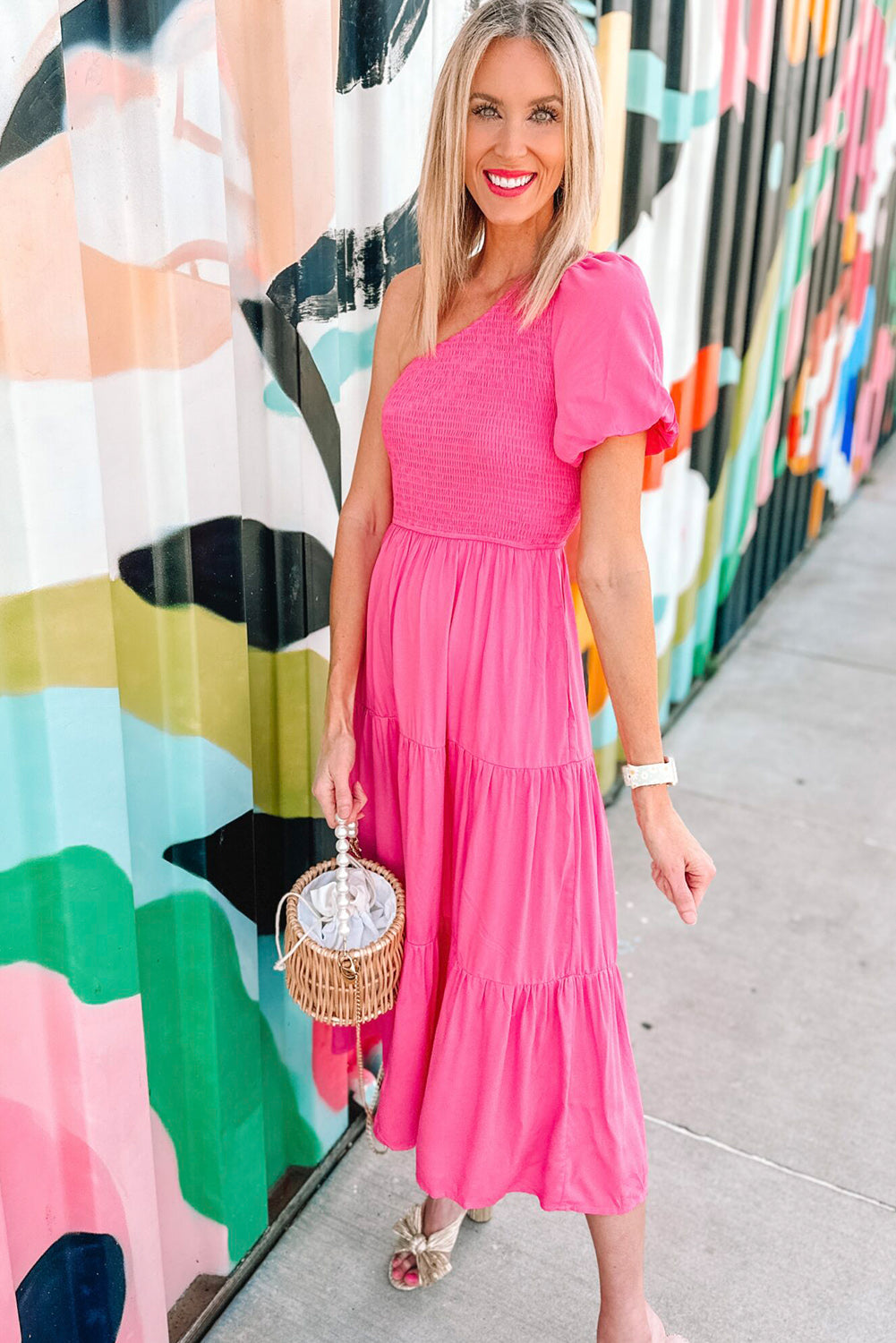 Strawberry Pink Asymmetric Puff Sleeve Smocked Bodice Tiered Midi Dress Dresses JT's Designer Fashion