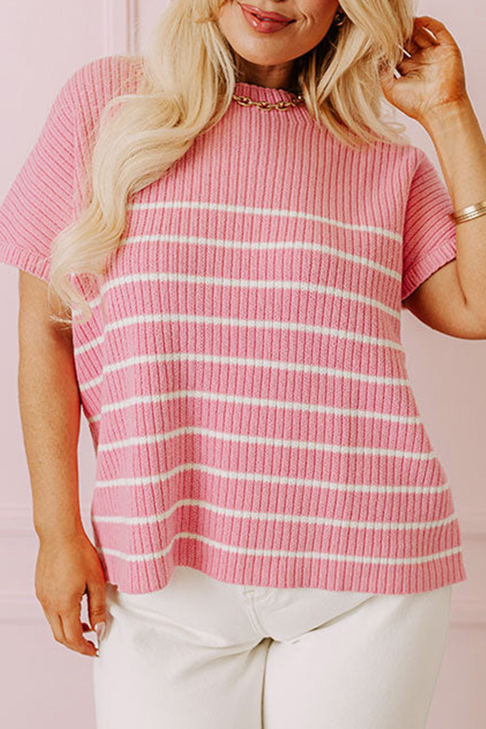 Pink Stripe Ribbed Loose Plus T Shirt Plus Size JT's Designer Fashion