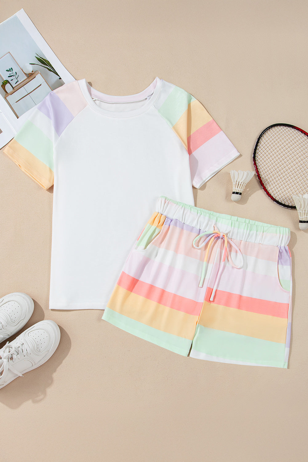 White Rainbow Striped T Shirt and Shorts Set Short Sets JT's Designer Fashion