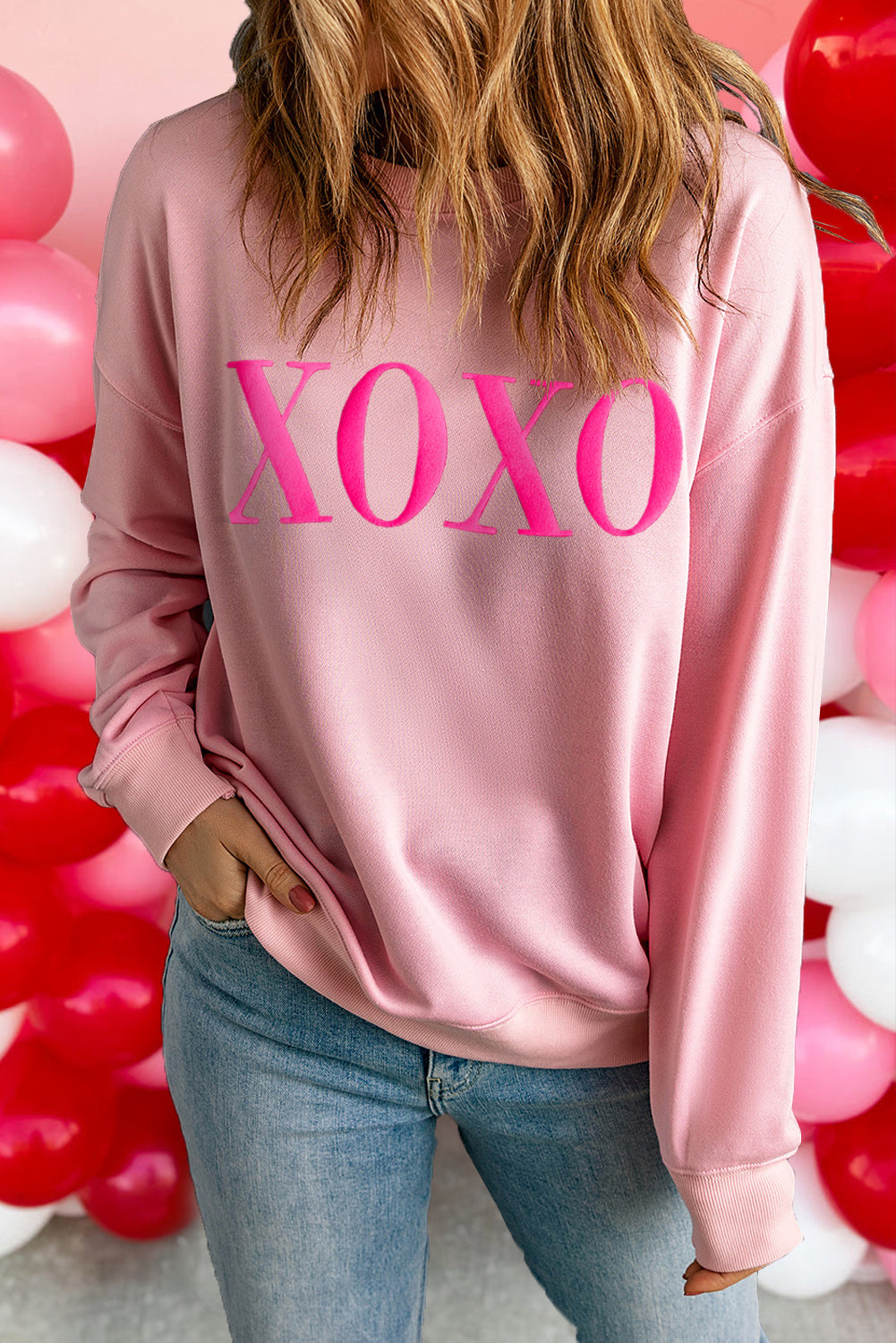 Pink XOXO Puff Print Drop Shoulder Pullover Sweatshirt Graphic Sweatshirts JT's Designer Fashion